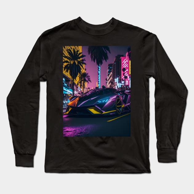 Dark Neon Sports Car in Beach Neon City Long Sleeve T-Shirt by star trek fanart and more